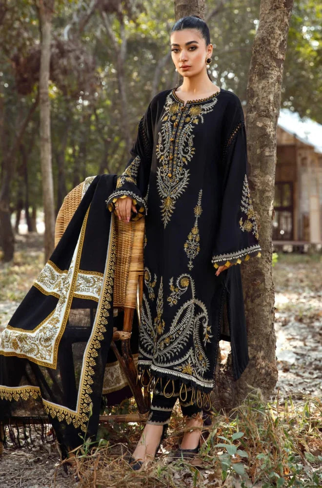 Maria B - 3PC Unstitched Dhanak Embroidered Shirt with Printed Wool Shawl and Trouser