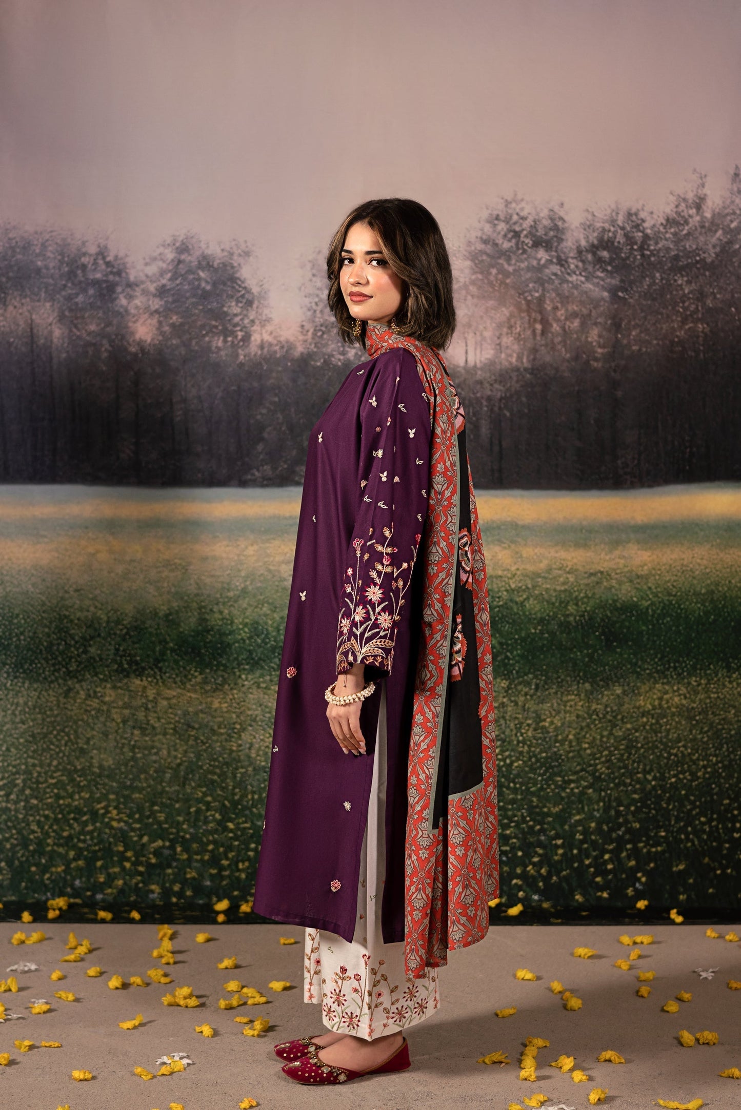 Urge - 3PC Unstitched Dhanak Embroidered Shirt with Printed Wool Shawl and Trouser