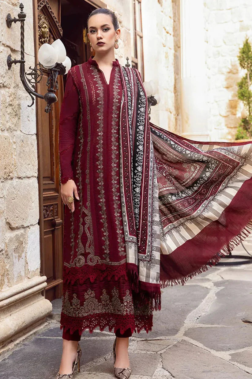 Maria B - 3PC Unstitched Dhanak Embroidered Shirt with Printed Wool Shawl and Trouser (SYT-117)