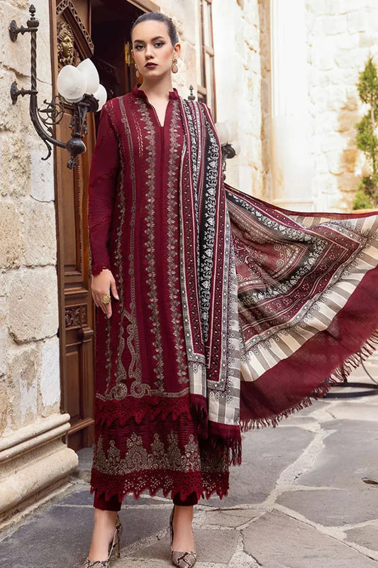Maria B - 3PC Unstitched Dhanak Embroidered Shirt with Printed Wool Shawl and Trouser (SYT-117)