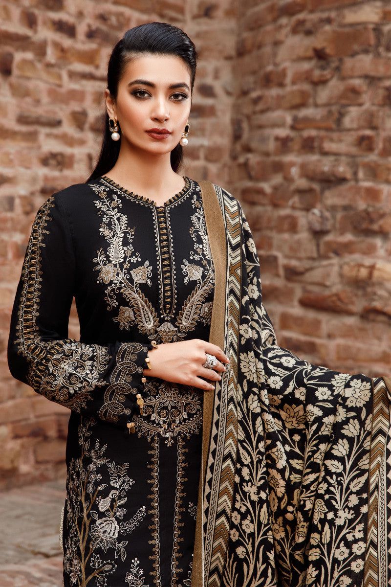 Maria B - 3PC Unstitched Dhanak Embroidered Shirt with Printed Pashmina Wool Shawl and Trouser