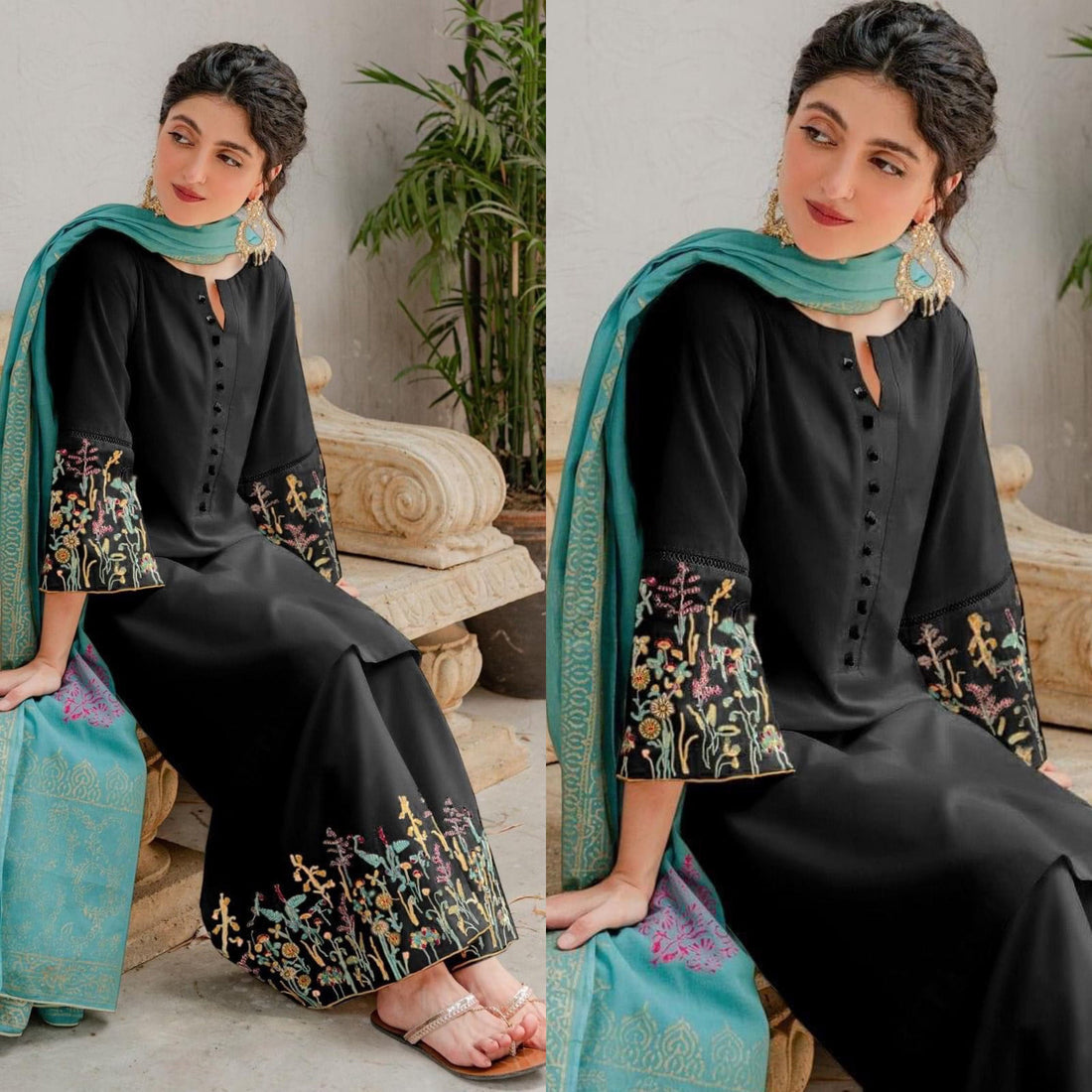 Dyot - 3PC Unstitched Dhanak Embroidered Shirt with Embroidered Trouser & Print Shawl