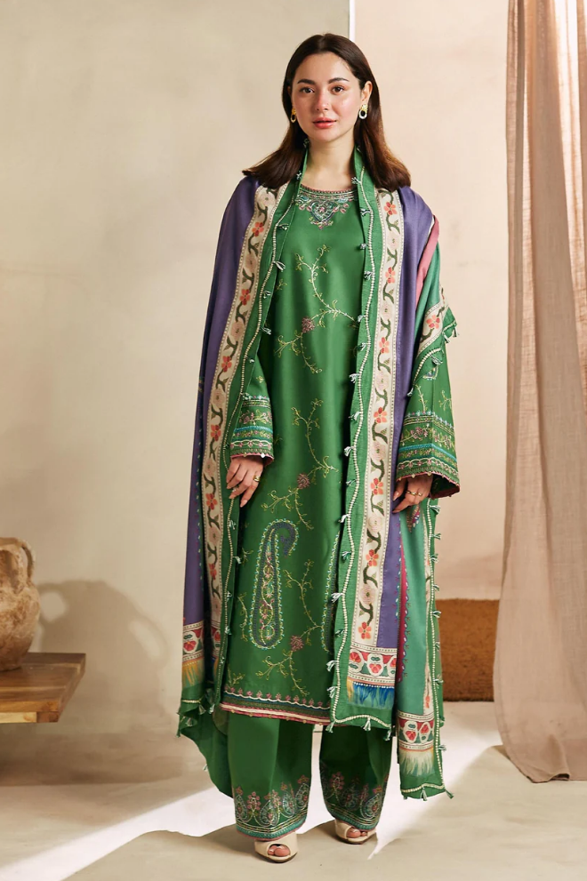 ZARA SHAH JAHAN - 3PC DHANAK EMBROIDERED SHIRT WITH PRINTED SHAWL AND TROUSER
