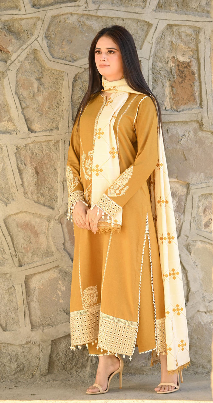 LIBAAS WINTER UNSTITCHED EMBROIDERED DHANAK 3PC WITH DHANAK EMBROIDERED SHAWL