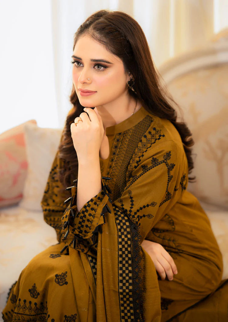 LIBAAS-3PC DHANAK EMBROIDERED SHIRT WITH DHANAK EMBROIDERED SHAWL & EMB TROUSER (UNSTITCHED)