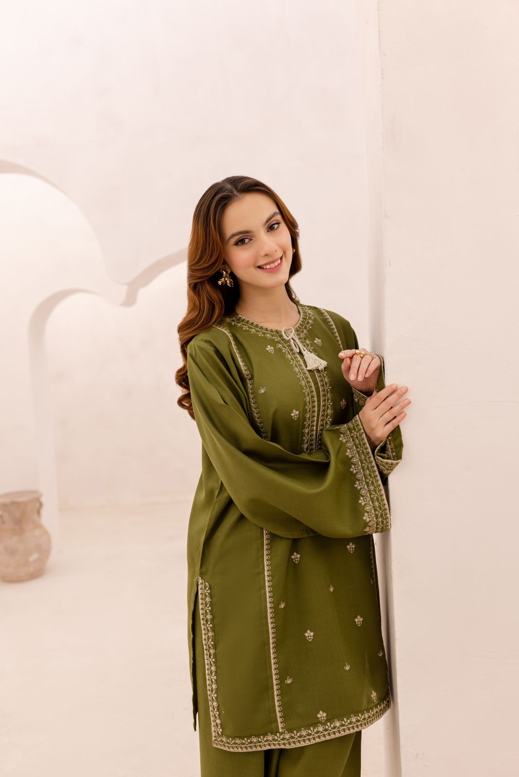 LAAM-2PC DHANAK EMBROIDERED SHIRT WITH DHANAK TROUSER