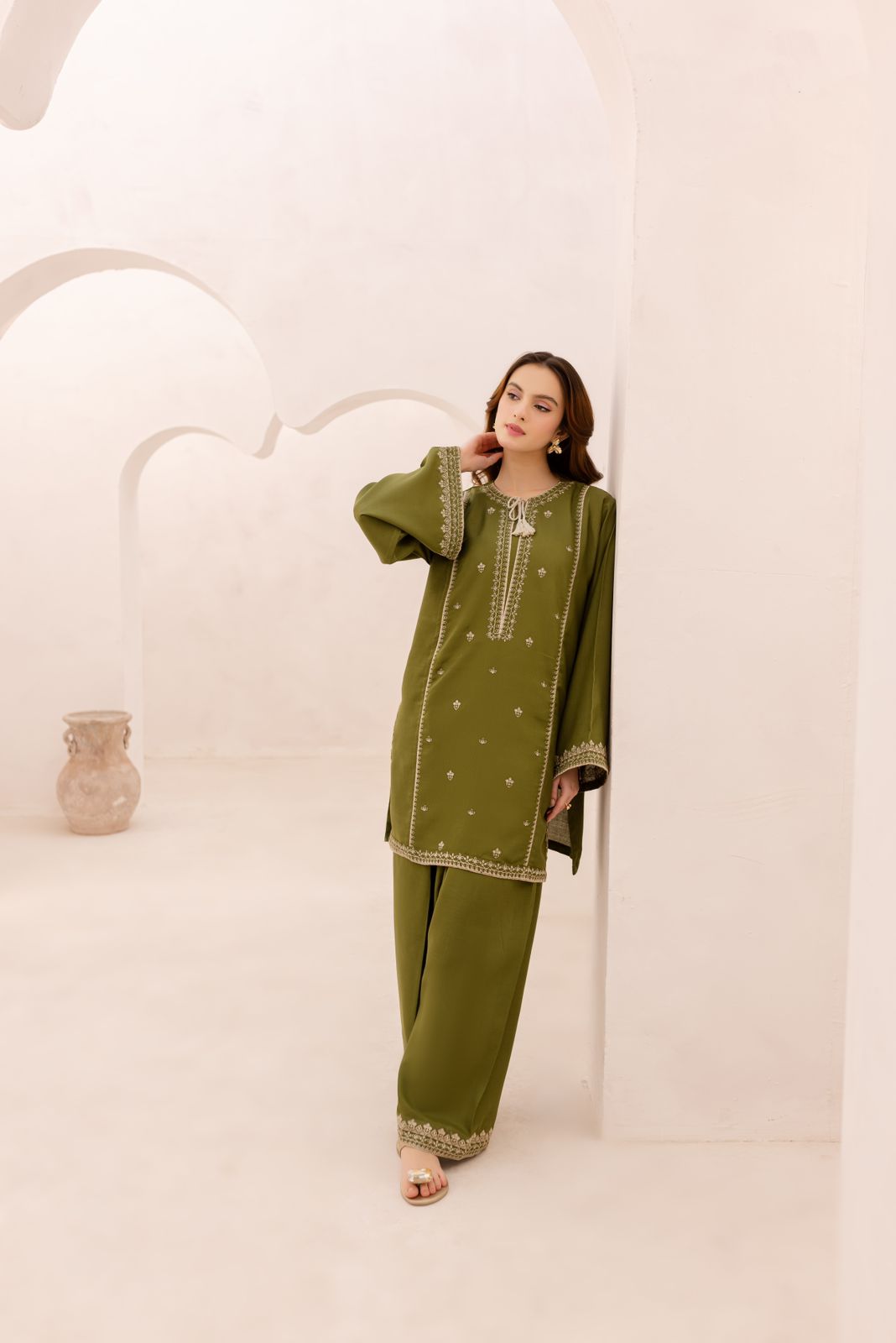 LAAM-2PC DHANAK EMBROIDERED SHIRT WITH DHANAK TROUSER