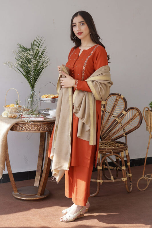 Aisling - 3PC Unstitched Dhanak Embroidered Shirt with Dhanak Shawl and Trouser