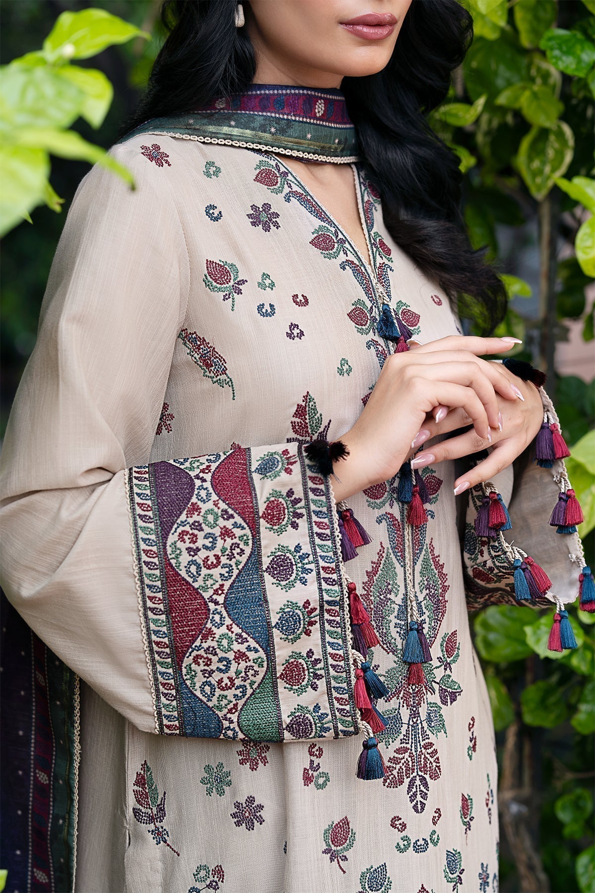 JAZMIN - 3PC DHANAK EMBROIDERED SHIRT WITH COTRAI WOOL PRINTED SHAWL AND TROUSER (Unstitched)