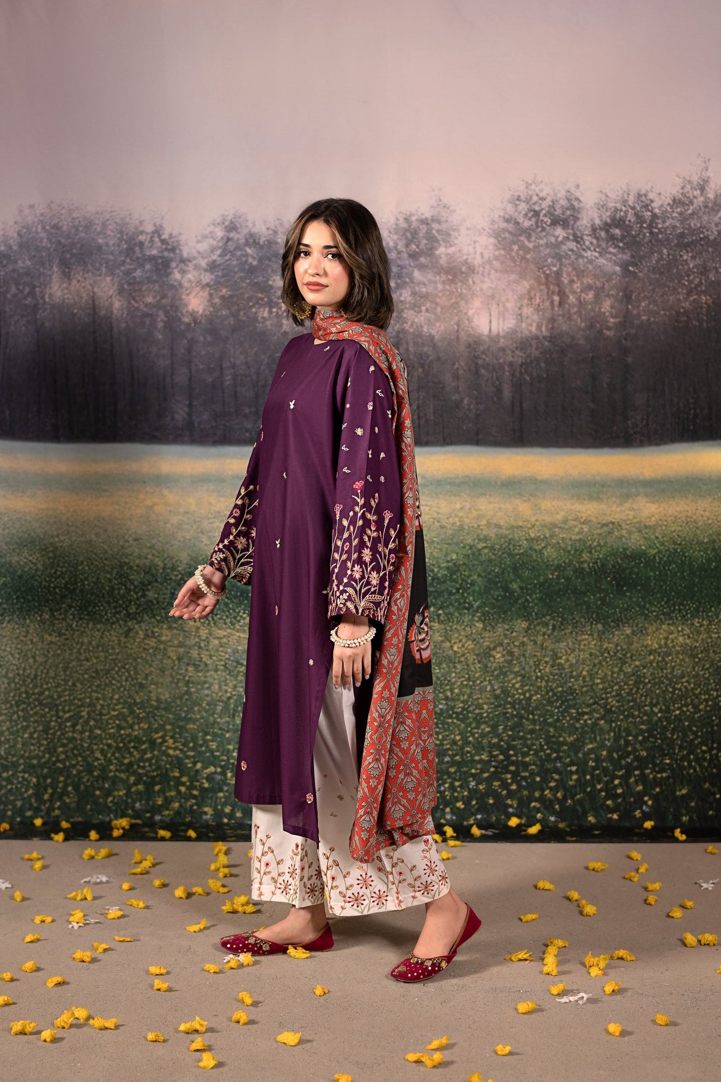 Urge - 3PC Unstitched Dhanak Embroidered Shirt with Printed Wool Shawl and Trouser