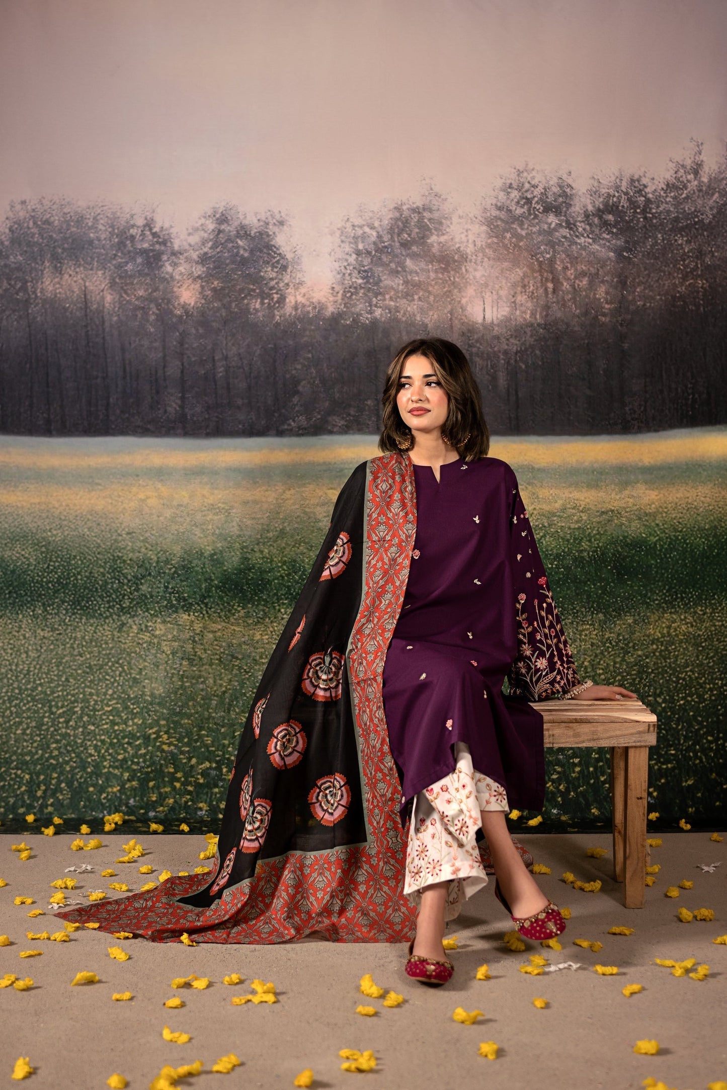 Urge - 3PC Unstitched Dhanak Embroidered Shirt with Printed Wool Shawl and Trouser