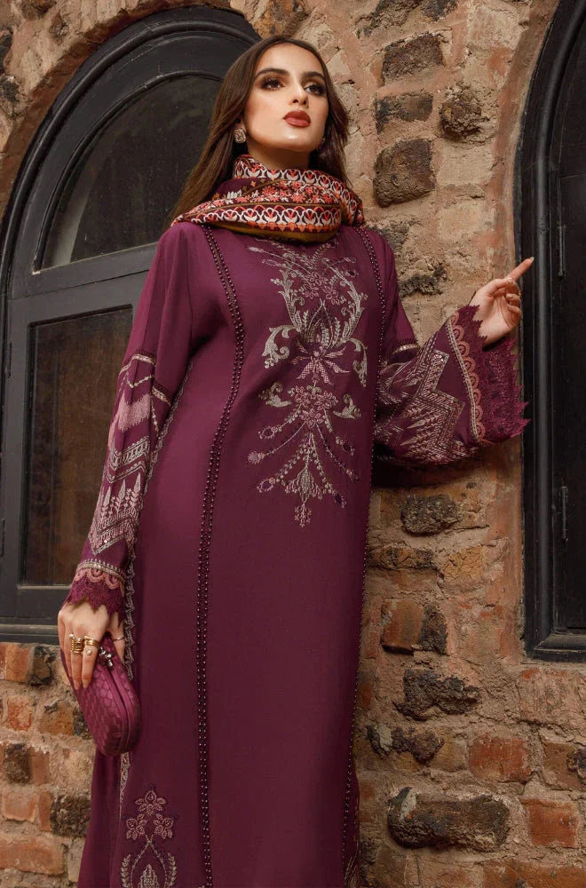 Maria B - 3PC Unstitched Dhanak Embroidered Shirt with Printed Shawl and Trouser (SYT-112)
