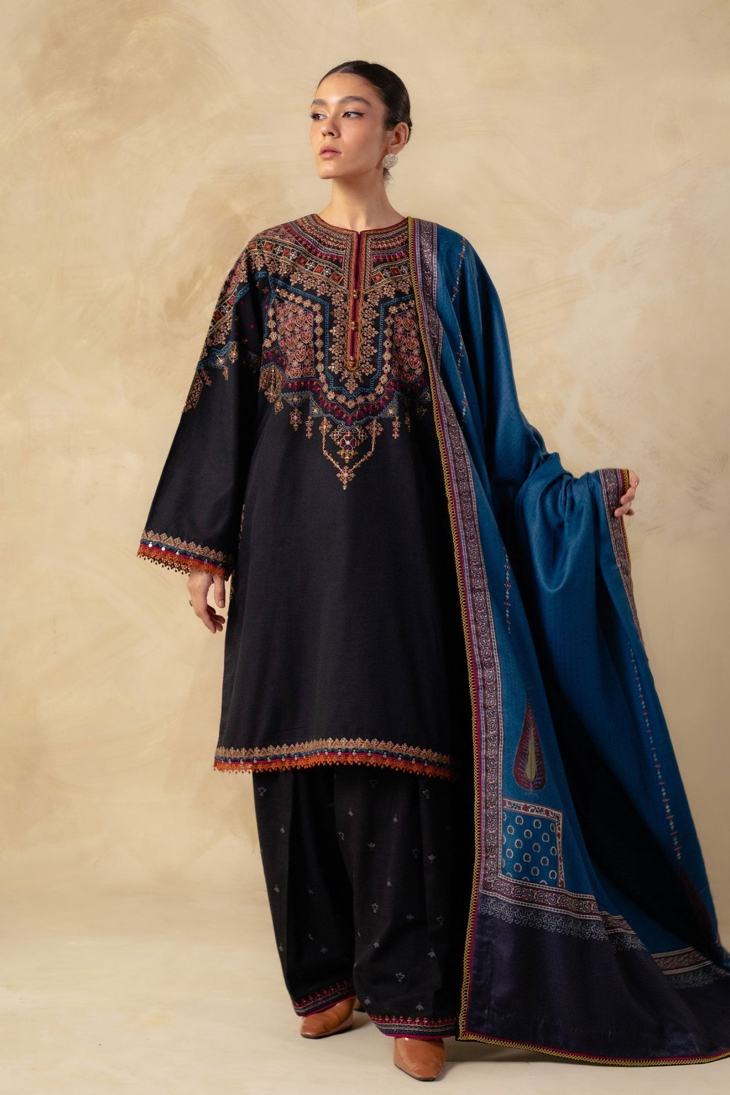 Coco by Zara Shahjahan - 3PC Unstitched Dhanak Embroidered Shirt with Printed Wool Shawl and Trouser