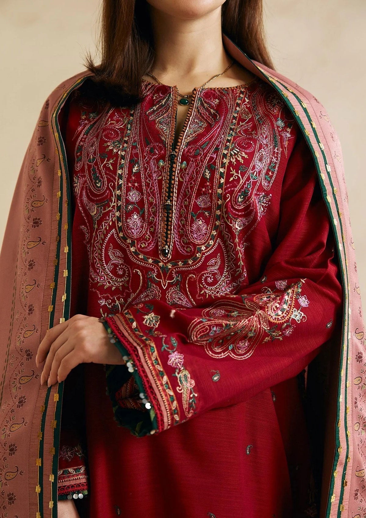 Zara Shah Jahan - 3PC Unstitched Dhanak Embroidered Shirt with Embroidered Back and Pashmina Printed Shawl