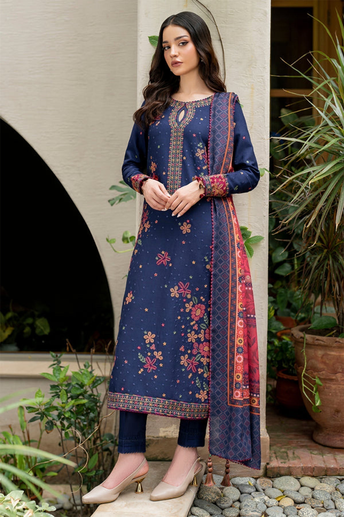 Jazmin - 3PC Unstitched Dhanak Embroidered Shirt with Printed Pashmina Wool Shawl and Trouser