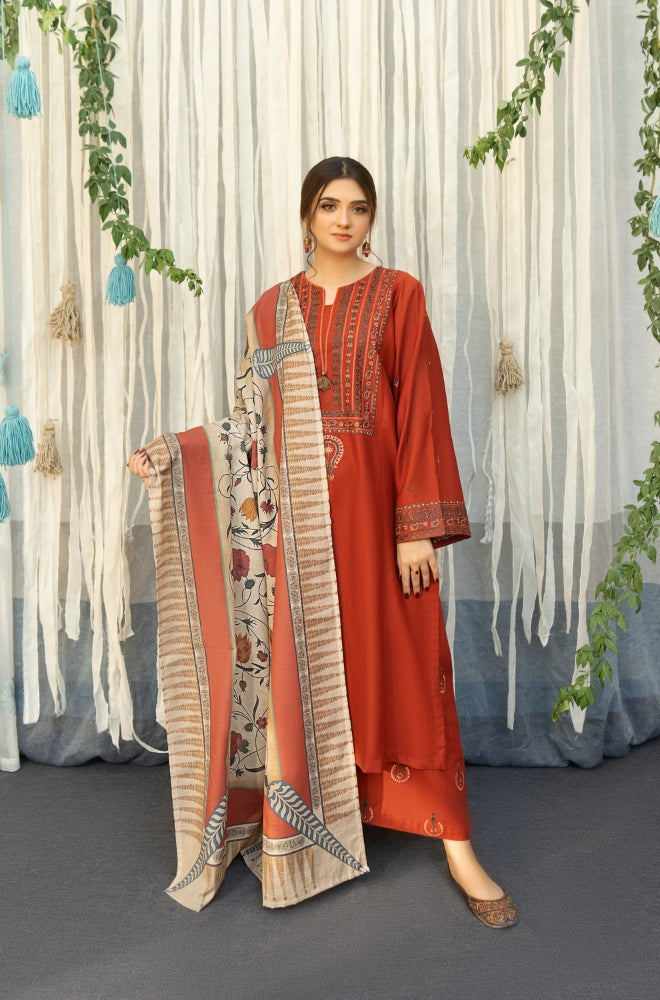 URGE - 3PC Unstitched Dhanak Embroidered Shirt with Digital Printed Pashmina Wool Shawl and Embroidered Trouser