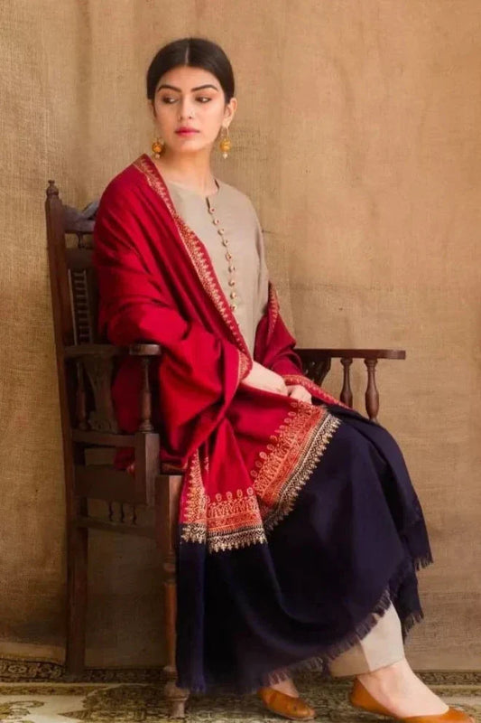 DYOT - 3PC Unstitched Dhanak Neckline Embroidered Shirt with Printed Wool Shawl and Trouser