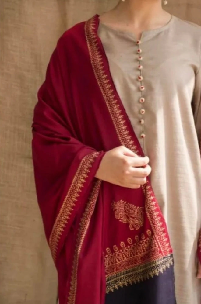 DYOT - 3PC Unstitched Dhanak Neckline Embroidered Shirt with Printed Wool Shawl and Trouser