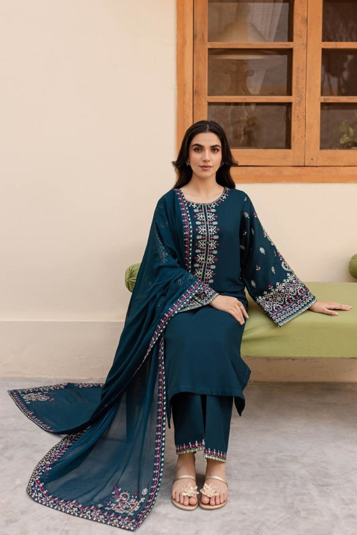 Batik - 3PC Dhanak Embroidered Shirt with Embroidered Dhanak Shawl (Unstitched)